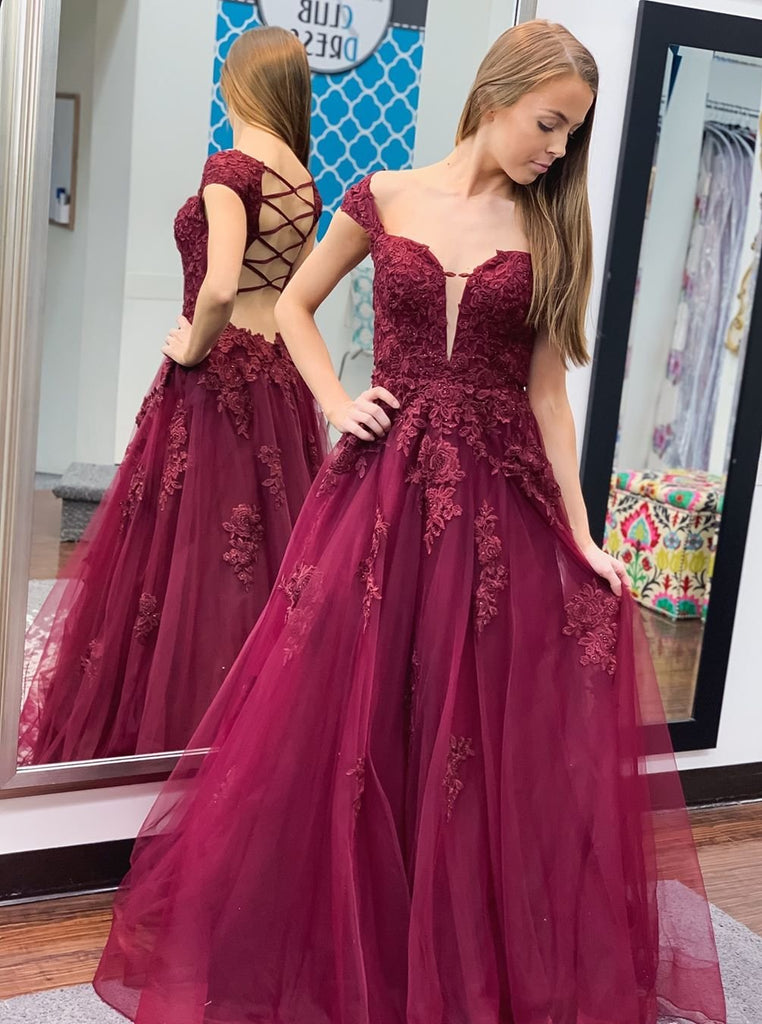 Unique Off the Shoulder V Neck Tulle Appliques Long Backless Prom Dresses with Lace up TD109