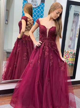 Unique Off the Shoulder V Neck Tulle Appliques Long Backless Prom Dresses with Lace up TD109