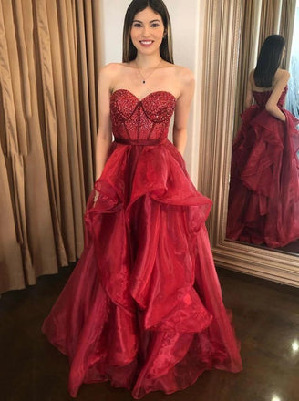 Elegant Sweetheart Asymmetrical Strapless Tulle Prom Dresses Burgundy Formal Dresses TD45