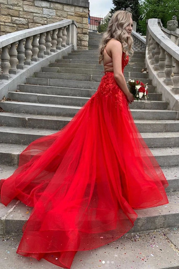 Charming A Line Red V Neck Tulle Appliques Long Prom Dresses Backless Evening Dresses TD124