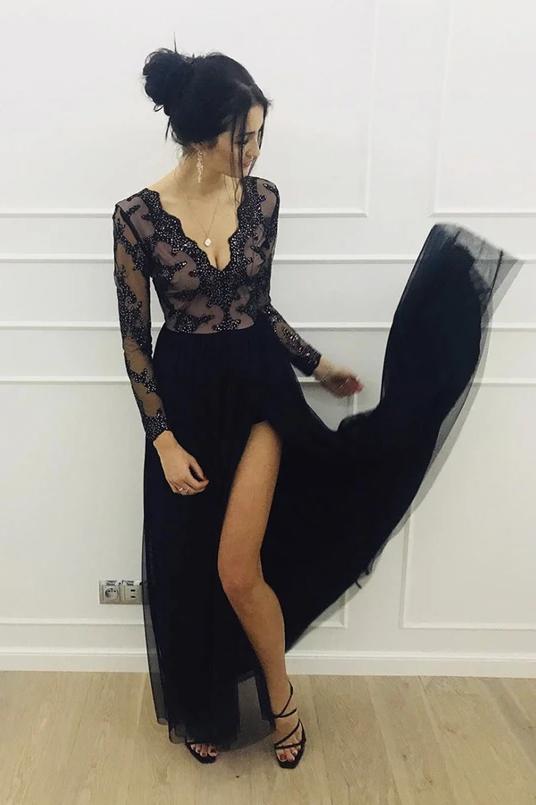 Elegant A Line Lace Long Sleeves Tulle V Neck Floor Length Black Prom Dresses TD66