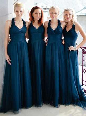 Charming Halter Tulle Long V Neck Teal Bridesmaid Dresses, Wedding Party Dresses BD14
