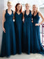 Charming Halter Tulle Long V Neck Teal Bridesmaid Dresses, Wedding Party Dresses BD14