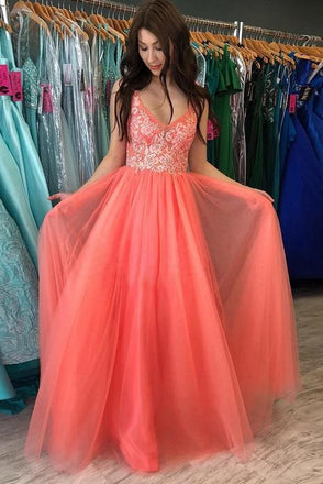 Simple A-line V Neck Tulle Coral Long Prom Dresses Lace Appliques Evening Dresses TD34