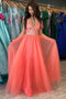 Simple A-line V Neck Tulle Coral Long Prom Dresses Lace Appliques Evening Dresses TD34