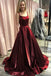 Simple A Line Burgundy Prom Dresses with Pockets, Satin Straps Long Dance Dresses TD18