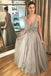 Princess A Line V Neck Tulle Prom Dresses Beaded Grey Evening Dresses TD09