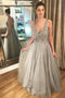 Princess A Line V Neck Tulle Prom Dresses Beaded Grey Evening Dresses TD09