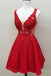 Custom Red Lace V Neck A Line Short Homecoming Dresses PDO61