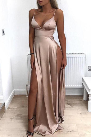 A Line Spaghetti Straps Sexy Slit Prom Dresses. Cheap Long Evening Dress PDJ26