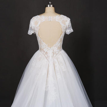Off White A Line Short Sleeves Lace Appliques Wedding Dress, Bridal Gown PDQ32