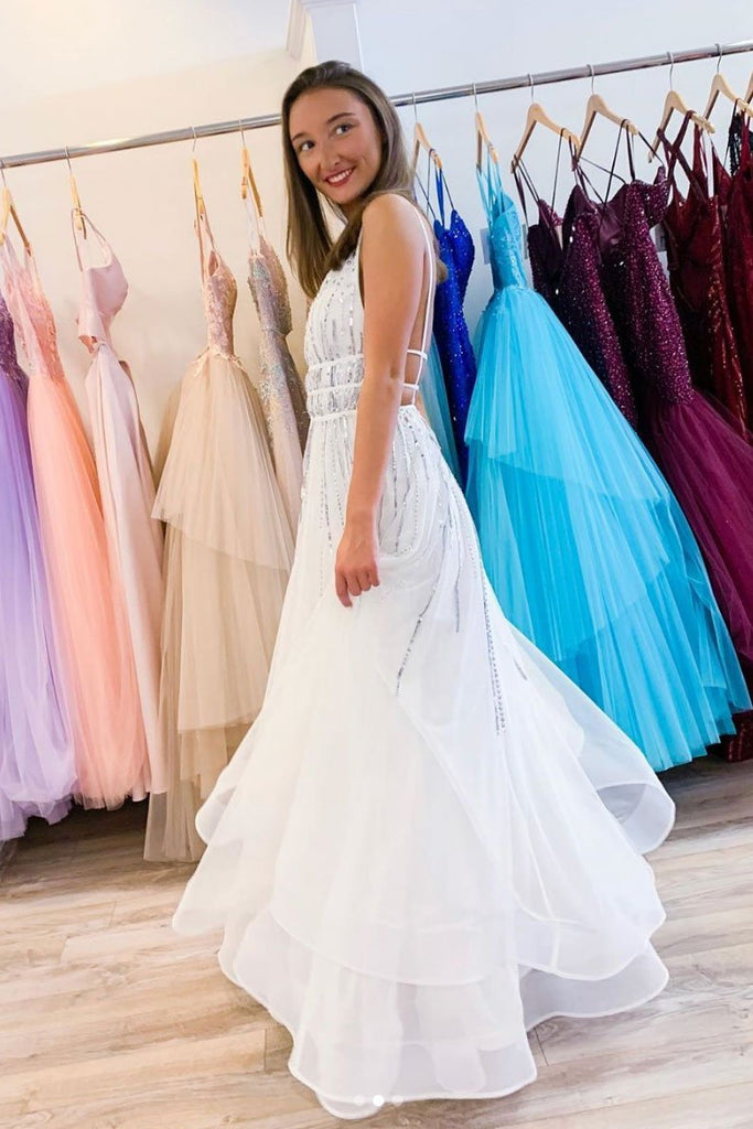 White V neck Tulle Sequina Long Prom Dress A Line Evening Dress PDQ50