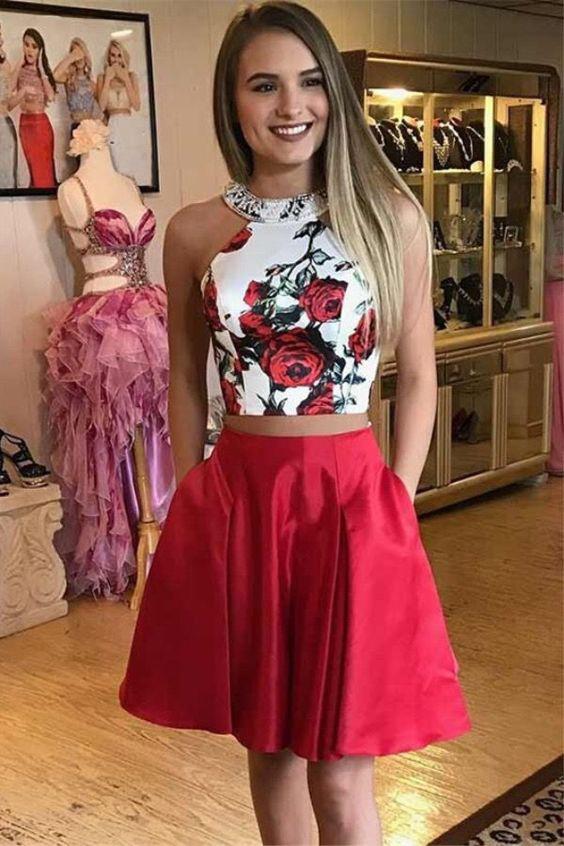 Two Pieces Red Floral Homecoming Dresses With Pockets PDL80 trendtydresses Two Pieces Red Floral Homecoming Dresses With Pockets PDL80 trendtydresses