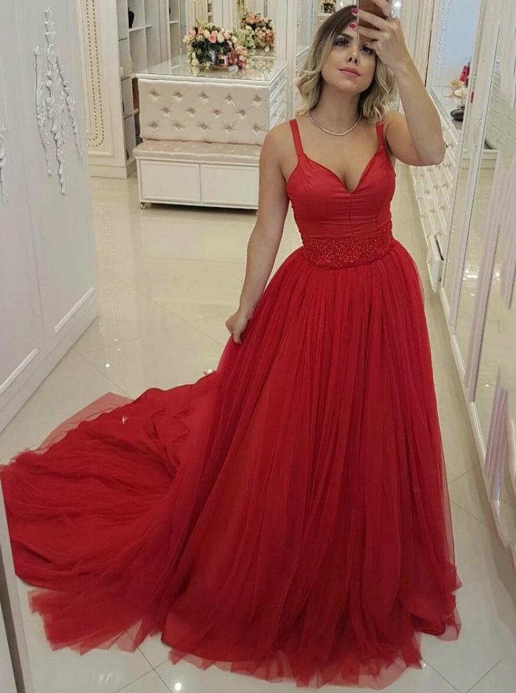Princess A Line Red Tulle Long Prom Dresses, Spaghetti Straps Formal Party Dresses TD24