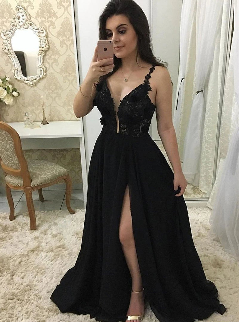 Spaghetti Straps Black V Neck Prom Dresses with Appliques, Sexy Split Evening Dress TD47