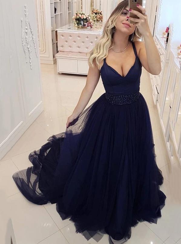 Dark Royal Blue Tulle V Neck Long Prom Dresses, Formal Party Dress With Beading TD64