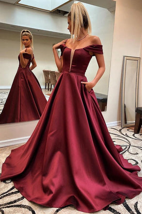 Simple Off the Shoulder Burgundy Prom Dresses, Satin Evening Dresses With Pockets TD103