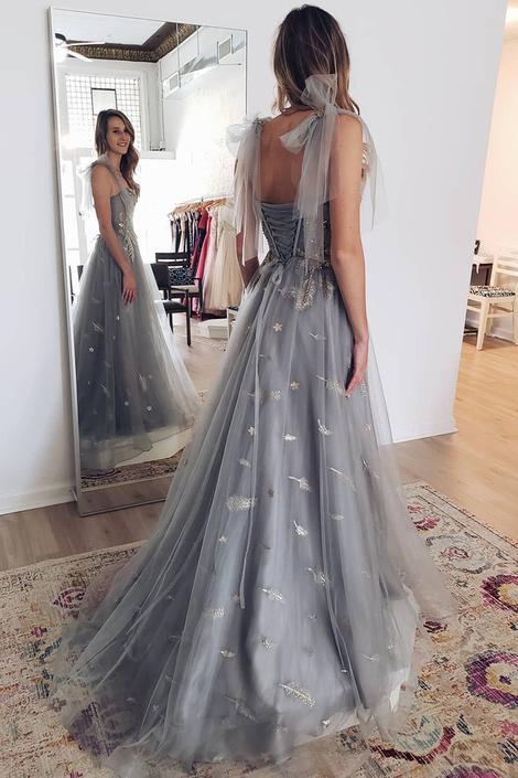 Charming A line Grey Tulle Appliques Long Prom Dresses, Sweetheart Evening Dresses OM0182