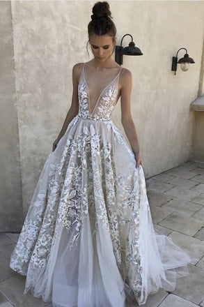 Elegant A Line Deep V-Neck Ivory Tulle Long Prom Dress with Lace Appliques PDI39