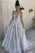 Elegant A Line Deep V-Neck Ivory Tulle Long Prom Dress with Lace Appliques PDI39