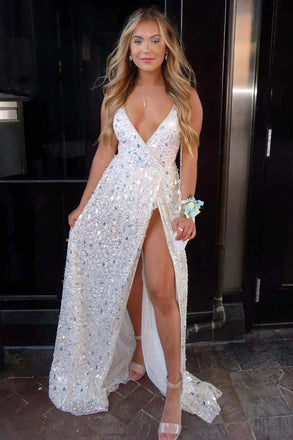 A line Sequin Spaghetti Straps White Long Prom Dresses, V Neck Evening Dresses OM0271