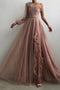 Elegant A Line Dusty Pink One Shoulder Tulle Party Dresses, Slit Evening Dresses OM0290