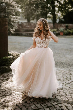 A line Off the Shoulder Sweetheart Lace Beach Wedding Dresses, Long Bridal Gowns OW0044