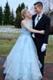 A Line Sky Blue Tulle Prom Dresses with Lace Appliques, Open Back Formal Dress OM0269