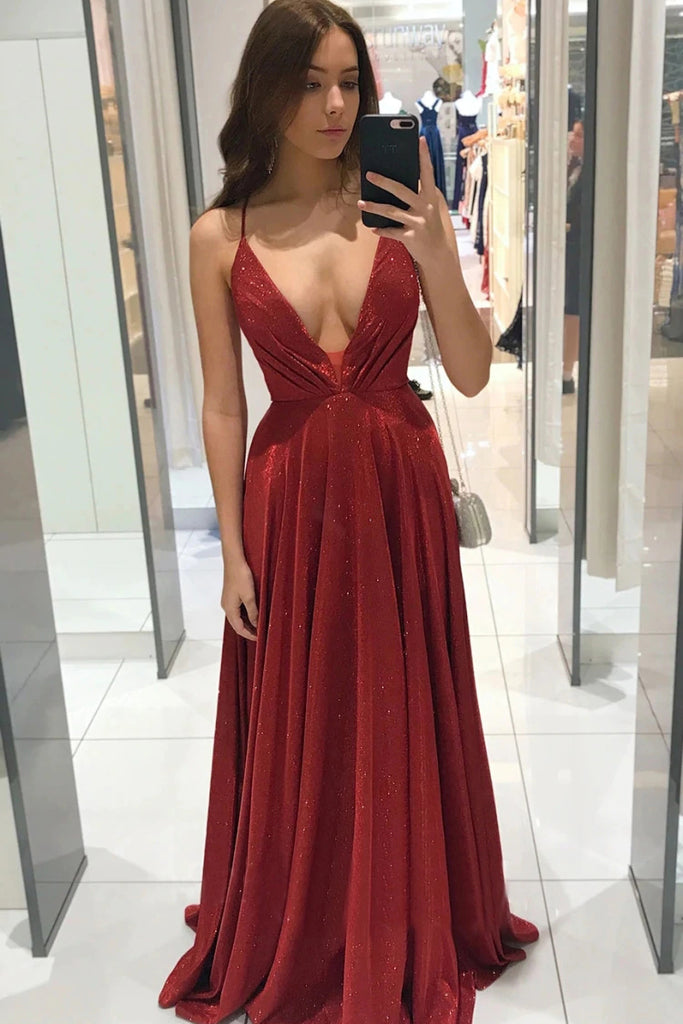 A line Burgundy Spaghetti Straps V neck Spaghetti Straps Prom Dresses with Pockets OM0225