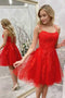 A Line Red Spaghetti Straps Lace Applique Homecoming Dresses, Sweet 16 Dresses OMH0153