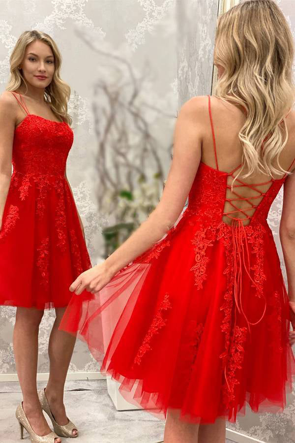 A Line Red Spaghetti Straps Lace Applique Homecoming Dresses, Sweet 16 Dresses OMH0153