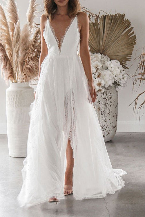 Elegant A Line Spaghetti Straps V Neck Ivory Wedding Dresses with Slit, Bridal Gowns OW0041