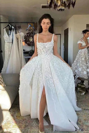 Elegant A line Straps Lace Appliques Long Wedding Dresses, Bridal Dresses with Slit OW0035