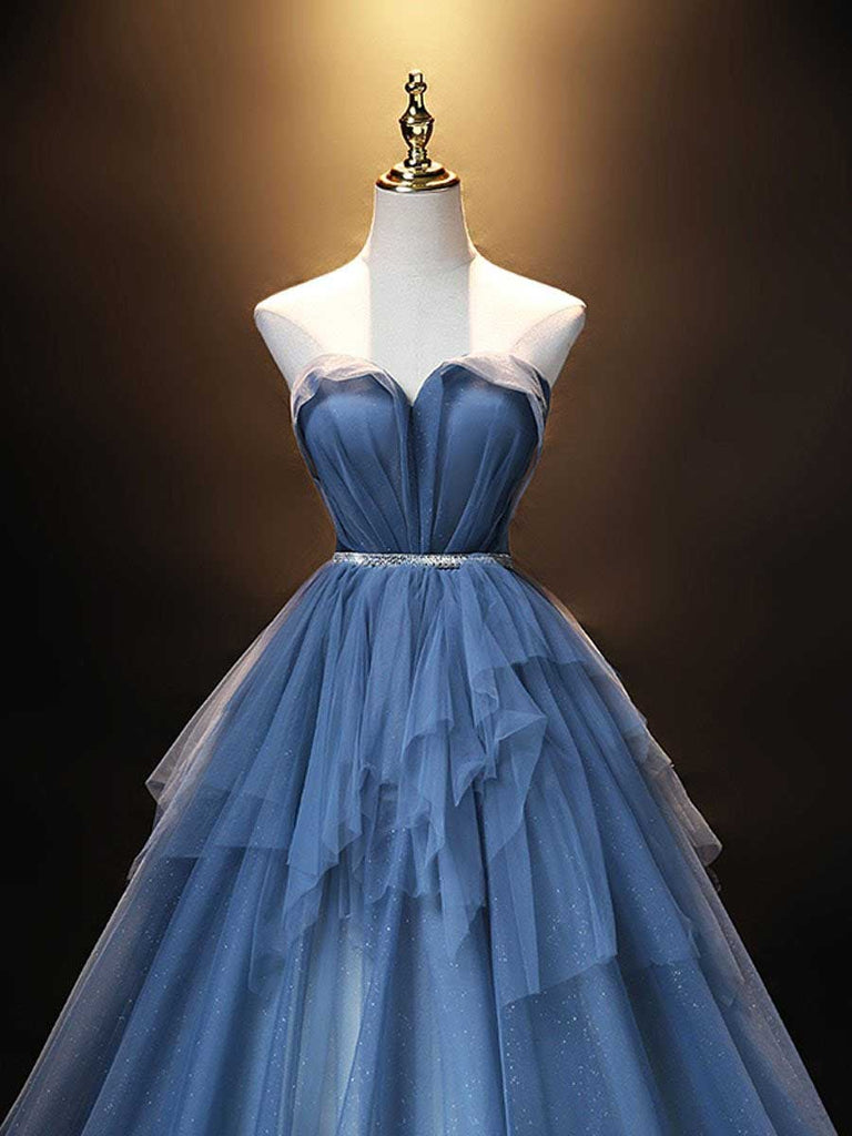 A Line Sweetheart Blue Lace Up Tulle Prom Dresses, Sleeveless Evening Dresses OM0014