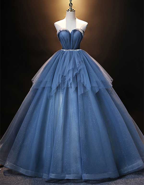 A Line Sweetheart Blue Lace Up Tulle Prom Dresses, Sleeveless Evening Dresses OM0014