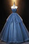 A Line Sweetheart Blue Lace Up Tulle Prom Dresses, Sleeveless Evening Dresses OM0014