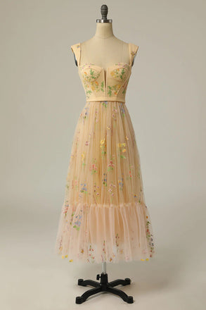 Classic A line Sweetheart Champagne Ankle Length Prom Dresses With Embroidery OM0359