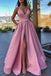 A Line V Neck Black Spaghetti Straps Prom Dresses, Formal Dress With Pockets OM0055