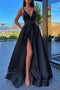 A Line V Neck Black Spaghetti Straps Prom Dresses, Formal Dress With Pockets OM0055