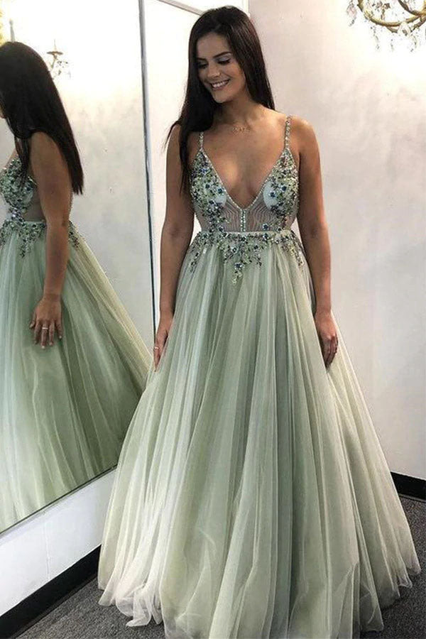 Charming A Line V Neck Green Tulle Spaghetti Straps Prom Dresses with Beading OM0201