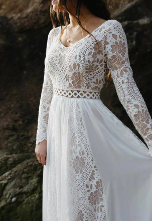 Unique A Line V neck Long Sleeves Lace Beach Wedding Dresses, Ivory Bridal Gowns OW0110