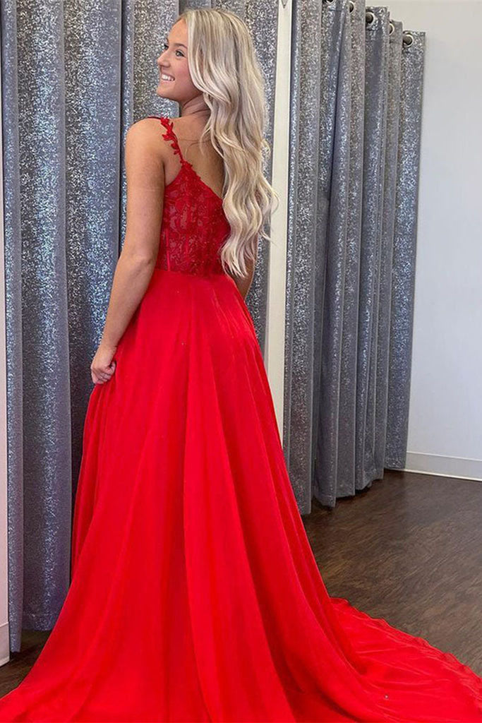 Simple A Line Chiffon Red V neck Long Prom Dresses With Sheer Lace Bodice OM0205