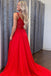 Simple A Line Chiffon Red V neck Long Prom Dresses With Sheer Lace Bodice OM0205