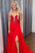 Simple A Line Chiffon Red V neck Long Prom Dresses With Sheer Lace Bodice OM0205