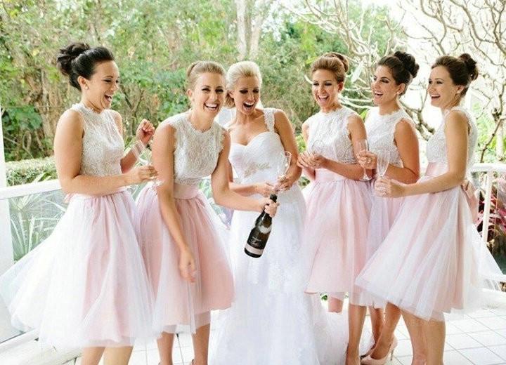 A-Line Light Pink Tulle Knee Length Bridesmaid Dress with Lace PDG64