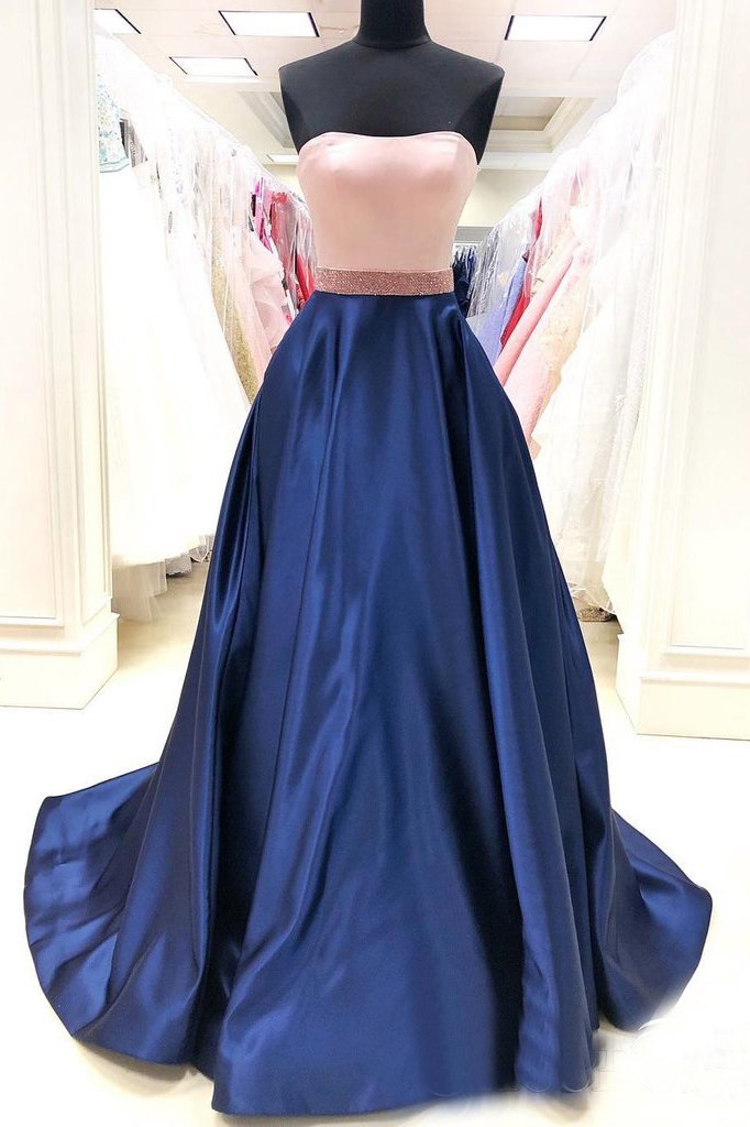 Simple Royal Blue Satin A Line Long Prom Dresses with Pockets PDS81