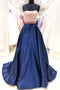 Simple Royal Blue Satin A Line Long Prom Dresses with Pockets PDS81