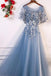 A-Line Blue Tulle Short Sleeves Long Lace Up Formal Evening Prom Dresses PDF29