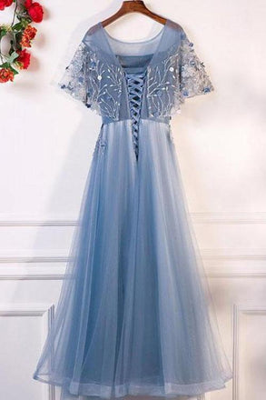 A-Line Blue Tulle Short Sleeves Long Lace Up Formal Evening Prom Dresses PDF29