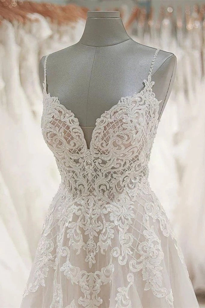 A Line Spaghetti Straps Tulle Wedding Dresses Appliqued Cheap Bridal Dresses PDN94
